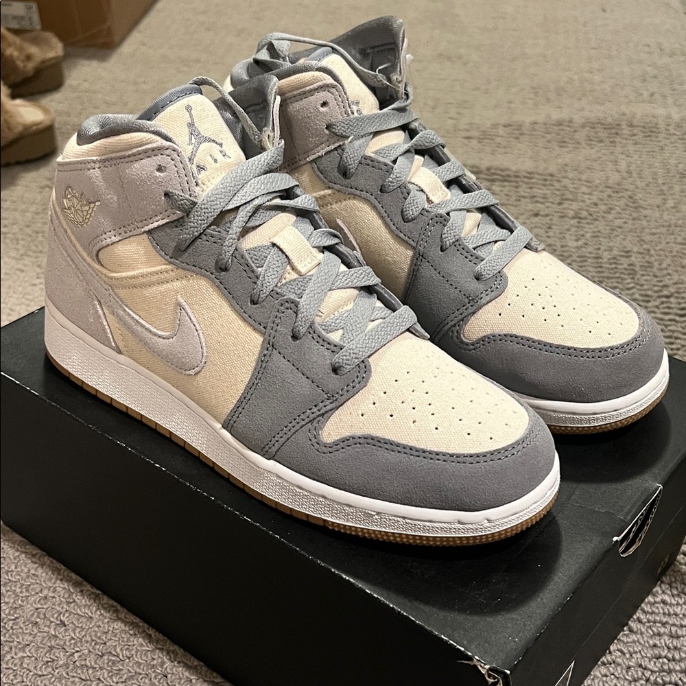 Air Jordan 1 Mid Grey & Cream Suede Sneakers, Size 6.5